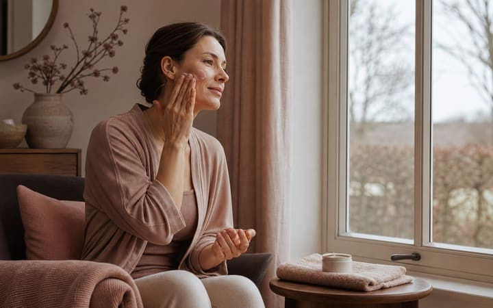 Woman applying moisturiser by a window at home on a calm winter morning in Northamptonshire