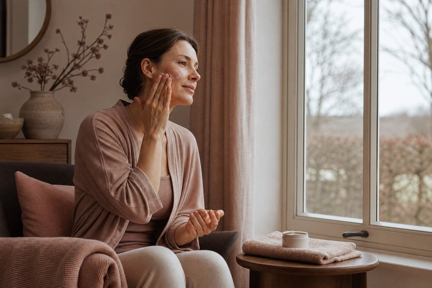 Woman applying moisturiser by a window at home on a calm winter morning in Northamptonshire